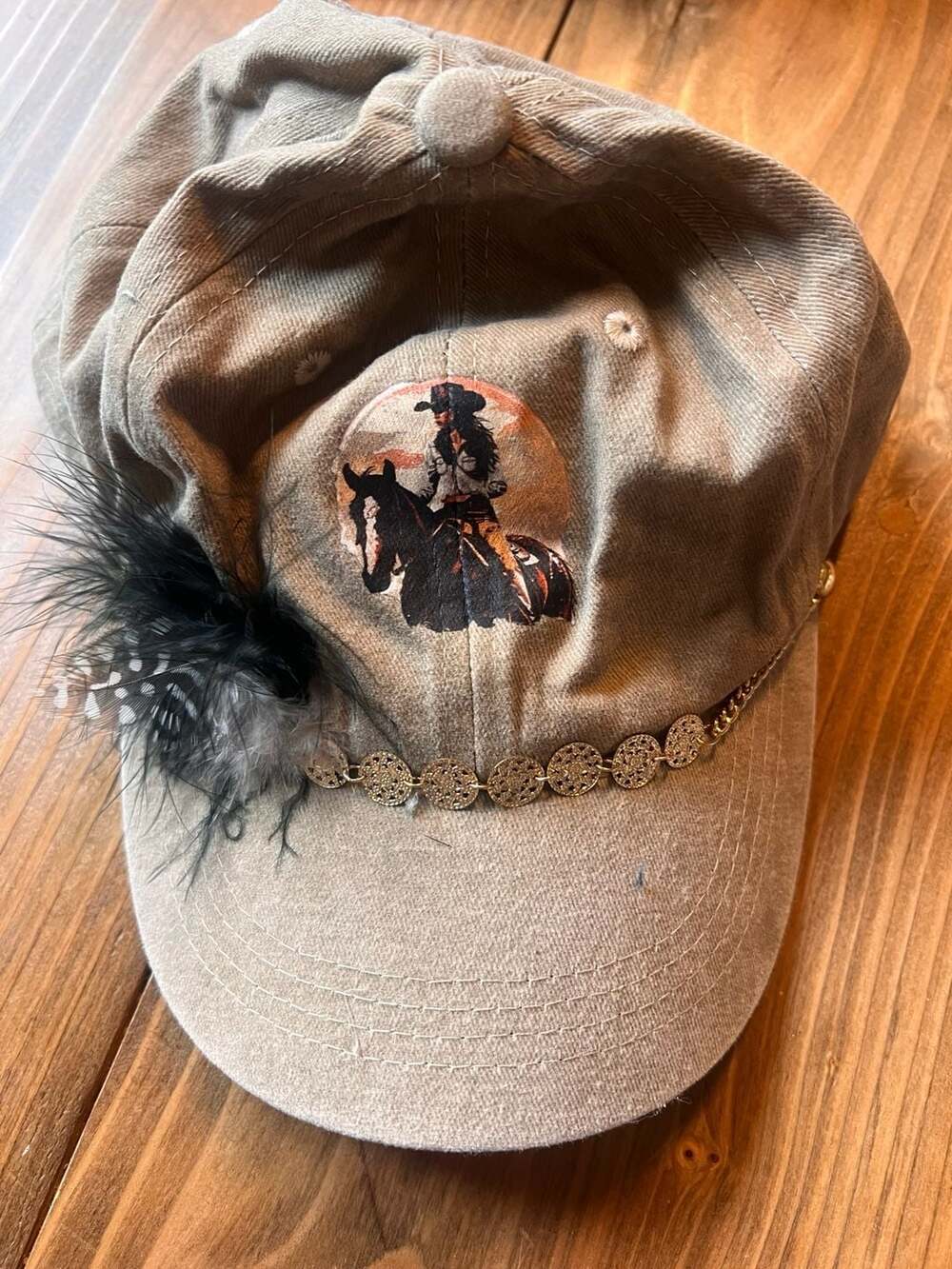 Western Style Cowgirl on Horse Distressed Ball Cap with Gold Chain and Feather D